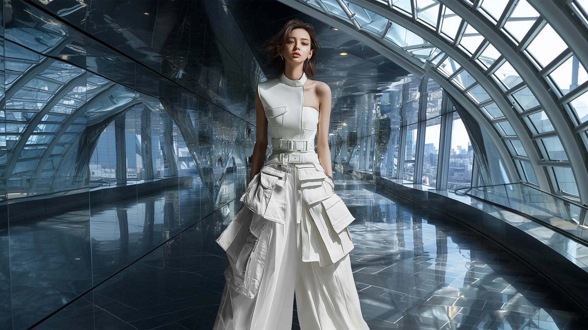 未来的な白い衣装のモデル