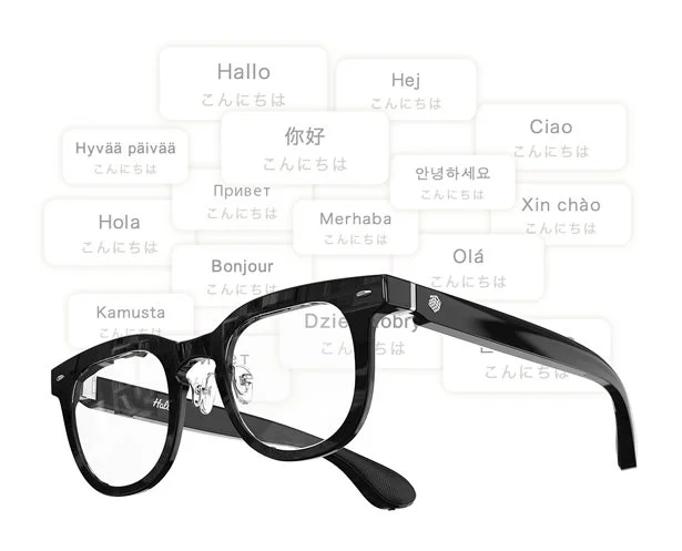 黒いスマートグラスが、様々な言語の「こんにちは」という挨拶を翻訳して表示している