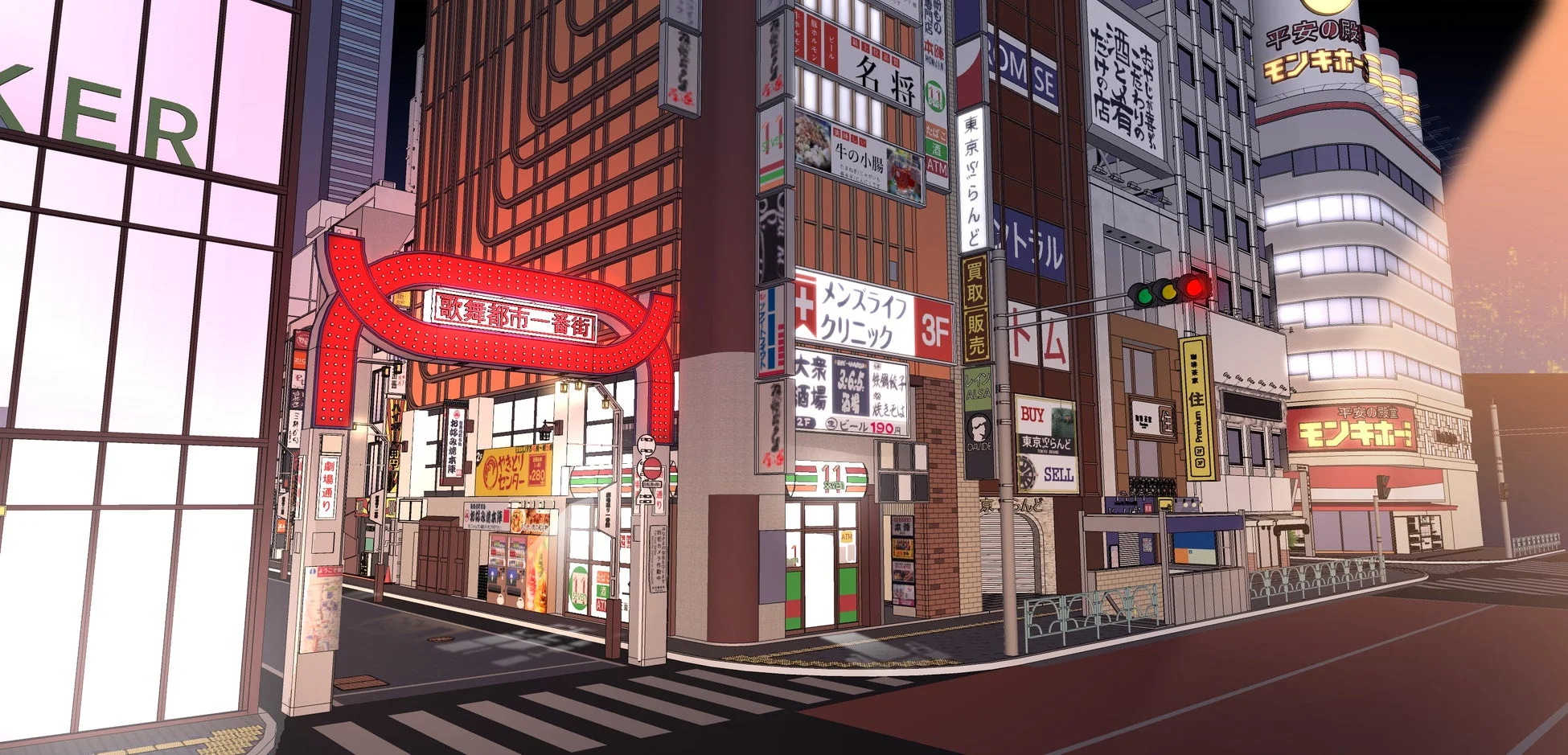 日本の繁華街の夜の風景イラスト