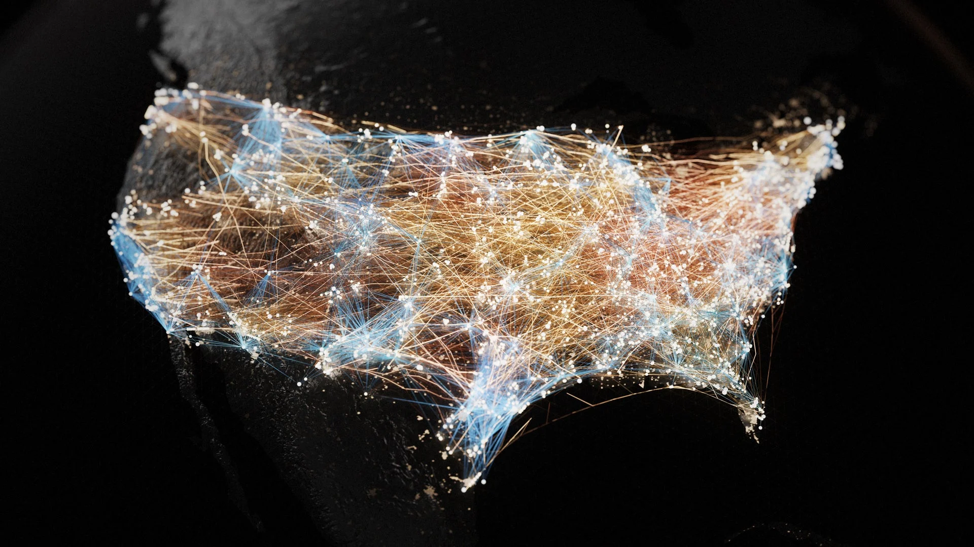 黒い背景にアメリカ合衆国の形が光る線と点で描かれた抽象的な画像です。