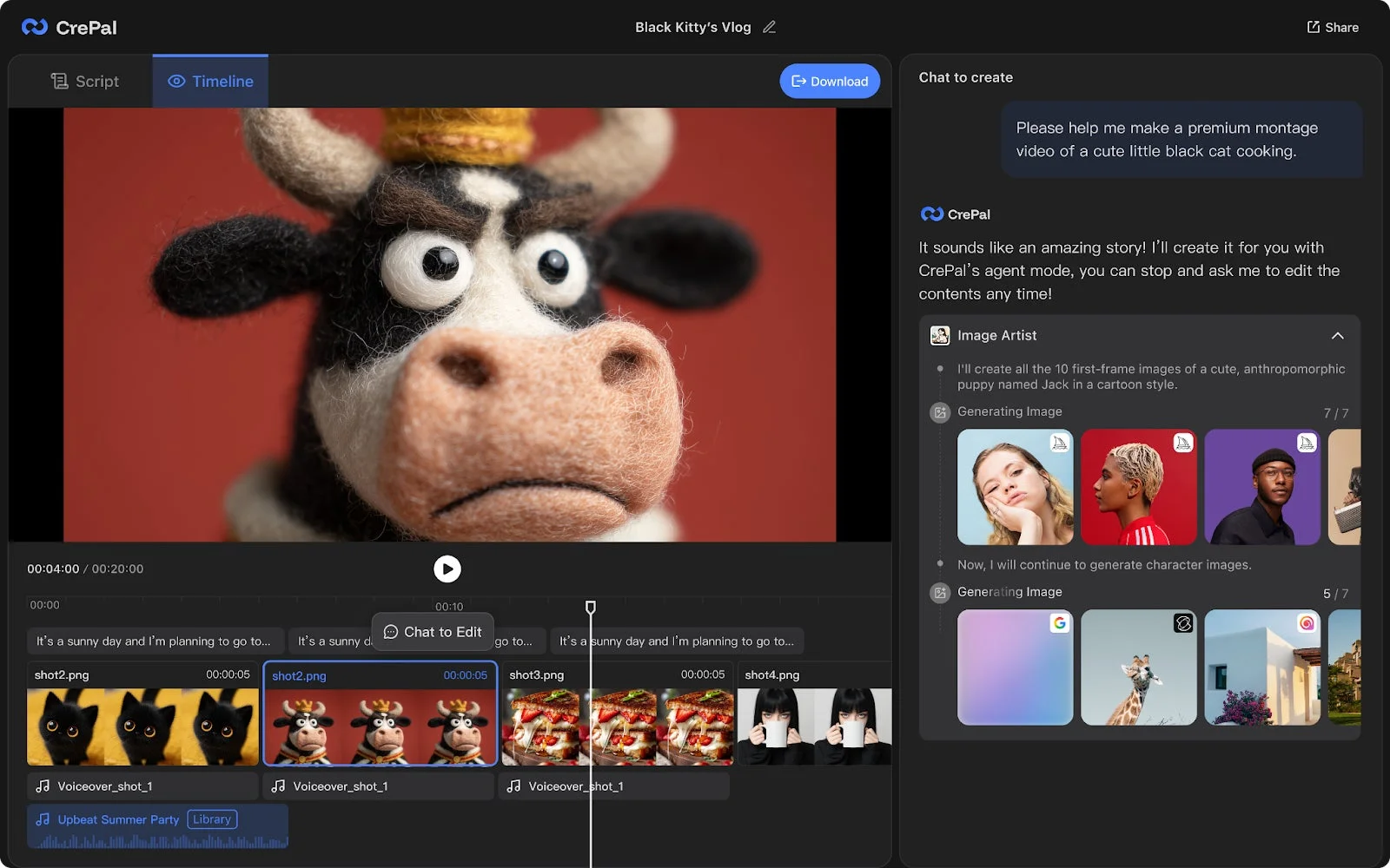 CrePalというAI動画編集ツールのインターフェースが示されており、タイムラインには羊毛フェルト製の牛のキャラクター動画がプレビューされています。右側のチャットパネルでは、ユーザーが動画制作を依頼し、AIがキャラクター画像を生成している様子が確認できます。AIによる動画コンテンツ生成と編集支援機能が統合されていることが特徴です。