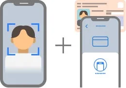 スマートフォンを用いた本人確認のプロセスを表すイラストです。顔認証とIDカード、クレジットカード情報などを組み合わせて、安全なオンライン認証を行う様子を示しています。