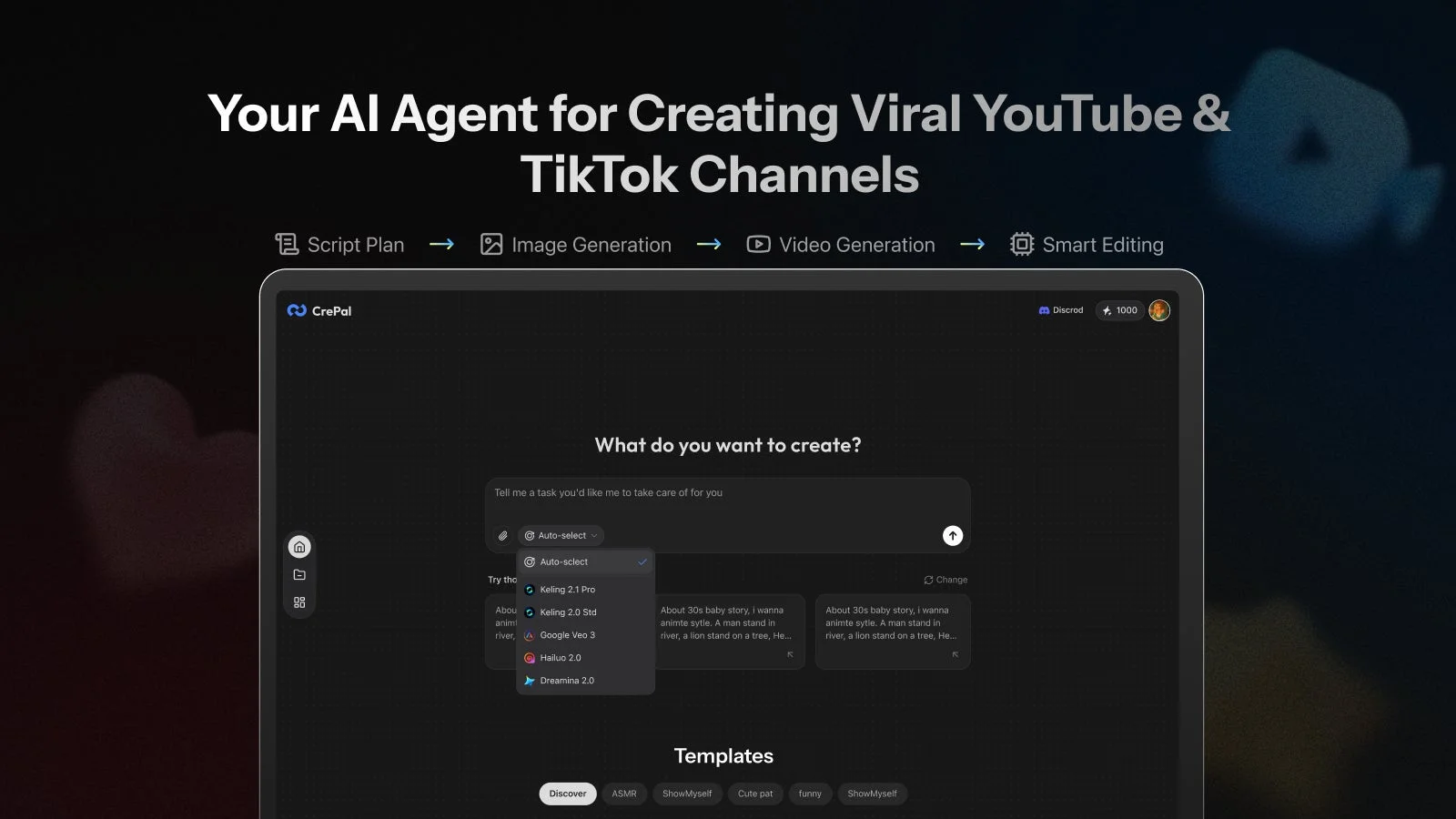 YouTubeやTikTok向けのバイラルコンテンツ作成を支援するAIエージェント「CrePal」のインターフェースです。スクリプト作成、画像・動画生成、スマート編集の機能を提供し、様々なAIモデルやテンプレートを選択してコンテンツを効率的に作成できることを示しています。