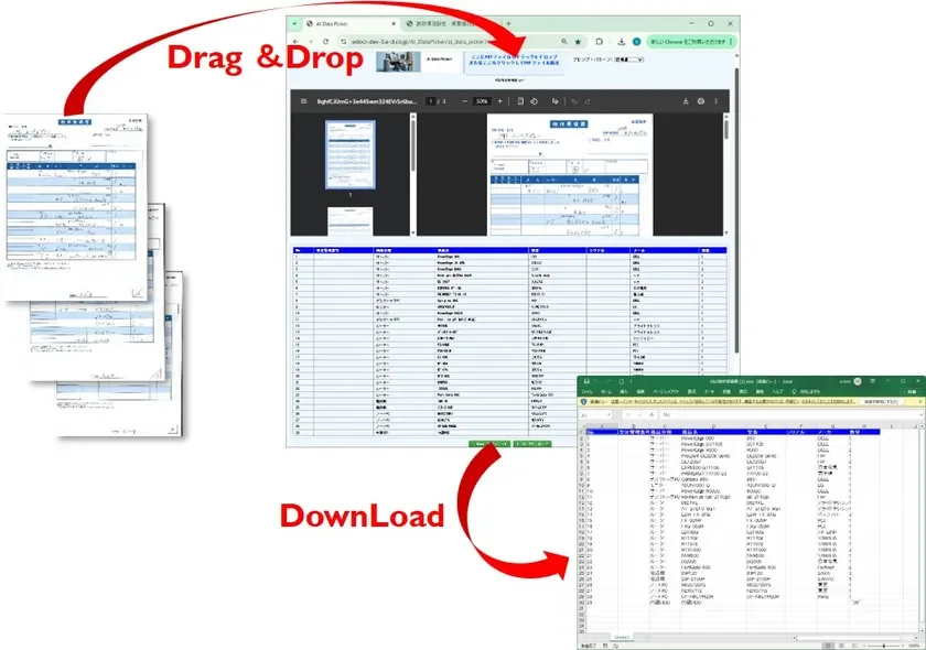 AI DataPicker!のウェブアプリケーションでの使用方法。PDFをドラッグ＆ドロップでアップロードし、データが一覧表示される