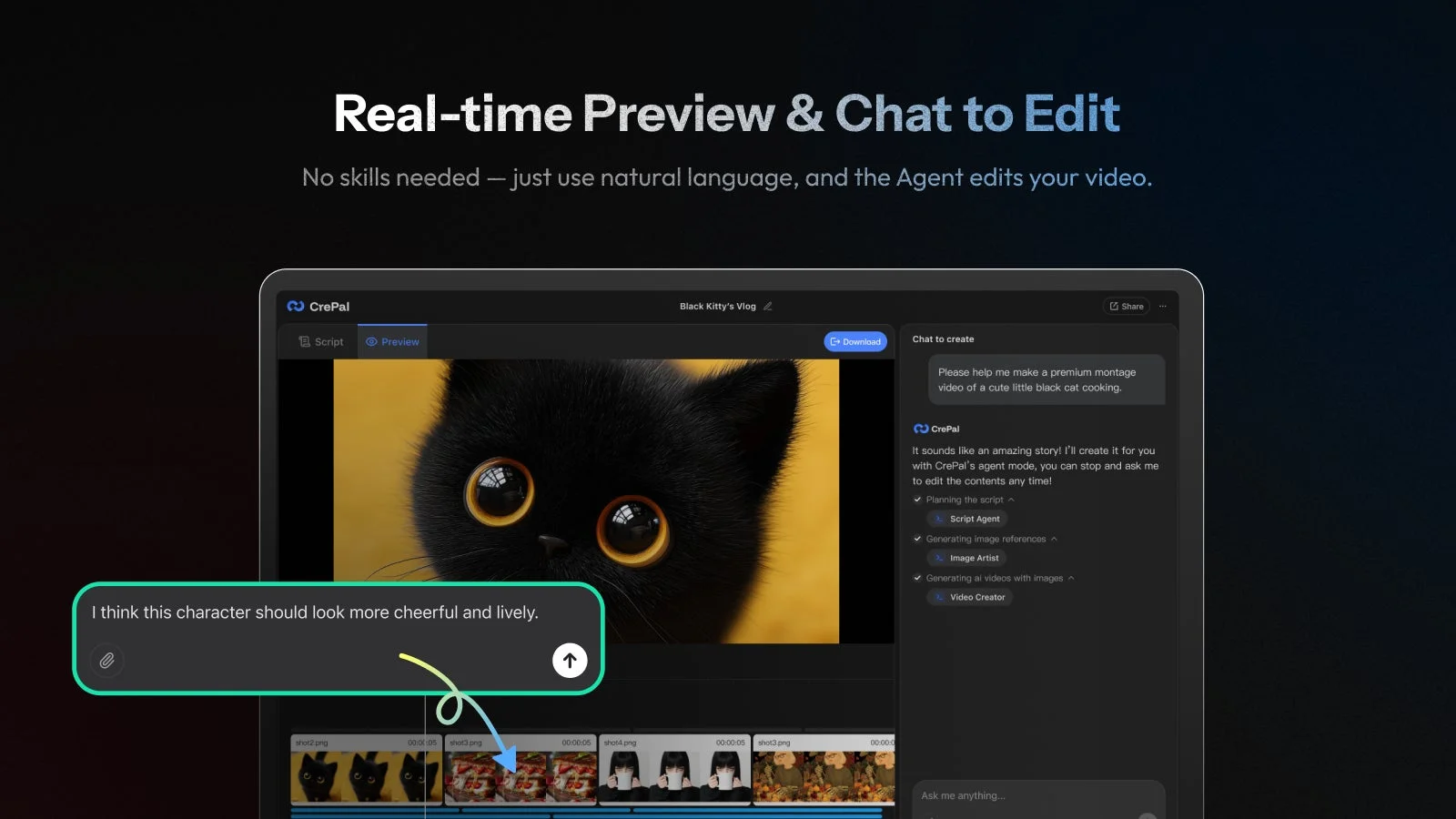 AIを活用した動画編集ソフトウェア「CrePal」のインターフェースが示されており、ユーザーがチャットを通じて動画の編集指示を出しています。黒猫が登場する動画のプレビュー画面が表示され、AIが自然言語での指示に基づいて動画を編集する様子が描かれています。
