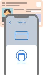スマートフォンでIDカードや支払いカードの情報を管理し、デジタル認証やモバイル決済を行う様子を示したイラストです。個人情報のデジタル化とオンライン手続きを表しています。