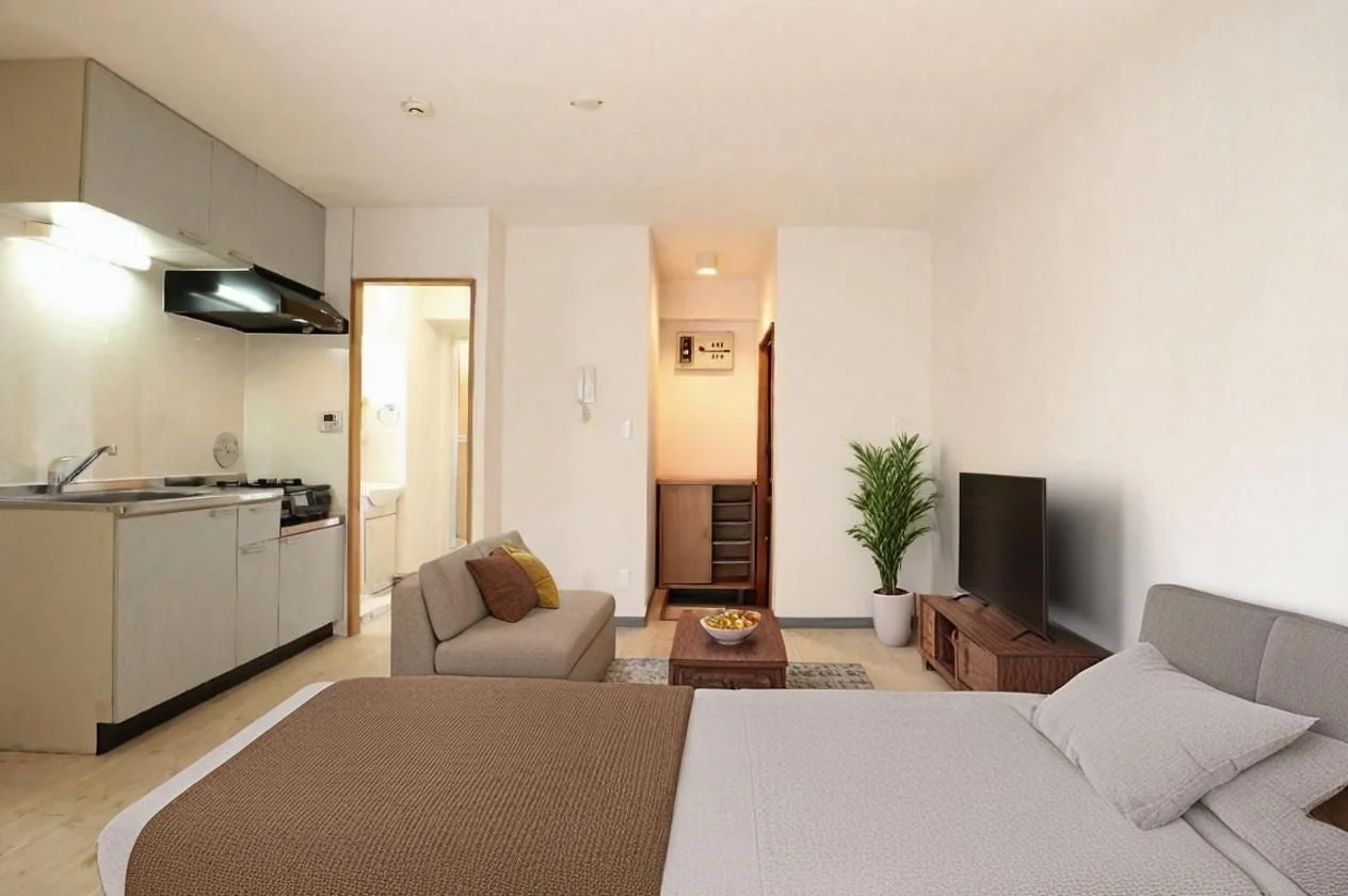 家具が配置されたモダンなワンルーム