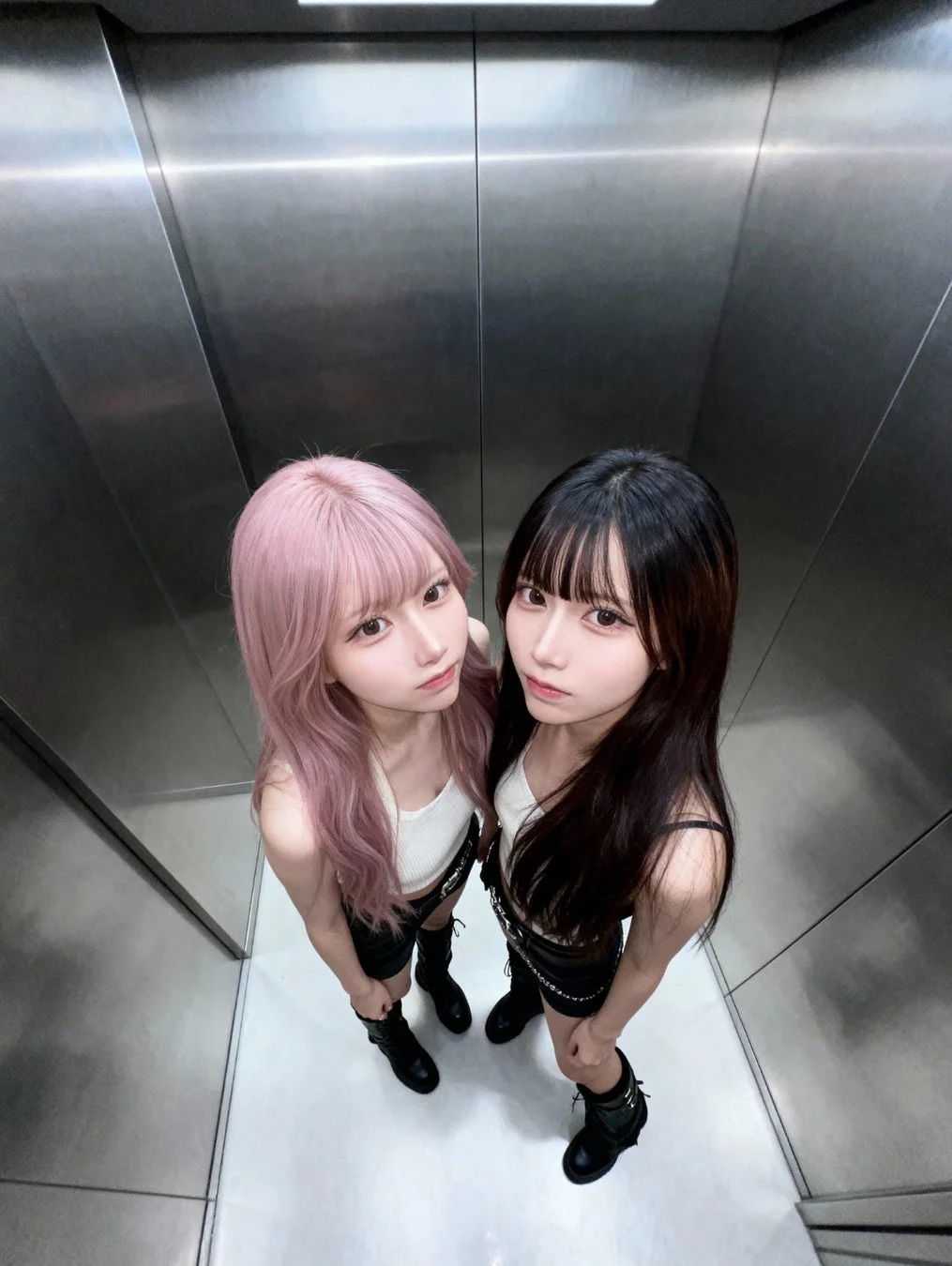 メタリックなエレベーターの中で、ピンクと黒の髪の若い女性2人がカメラを見上げる構図の画像です。