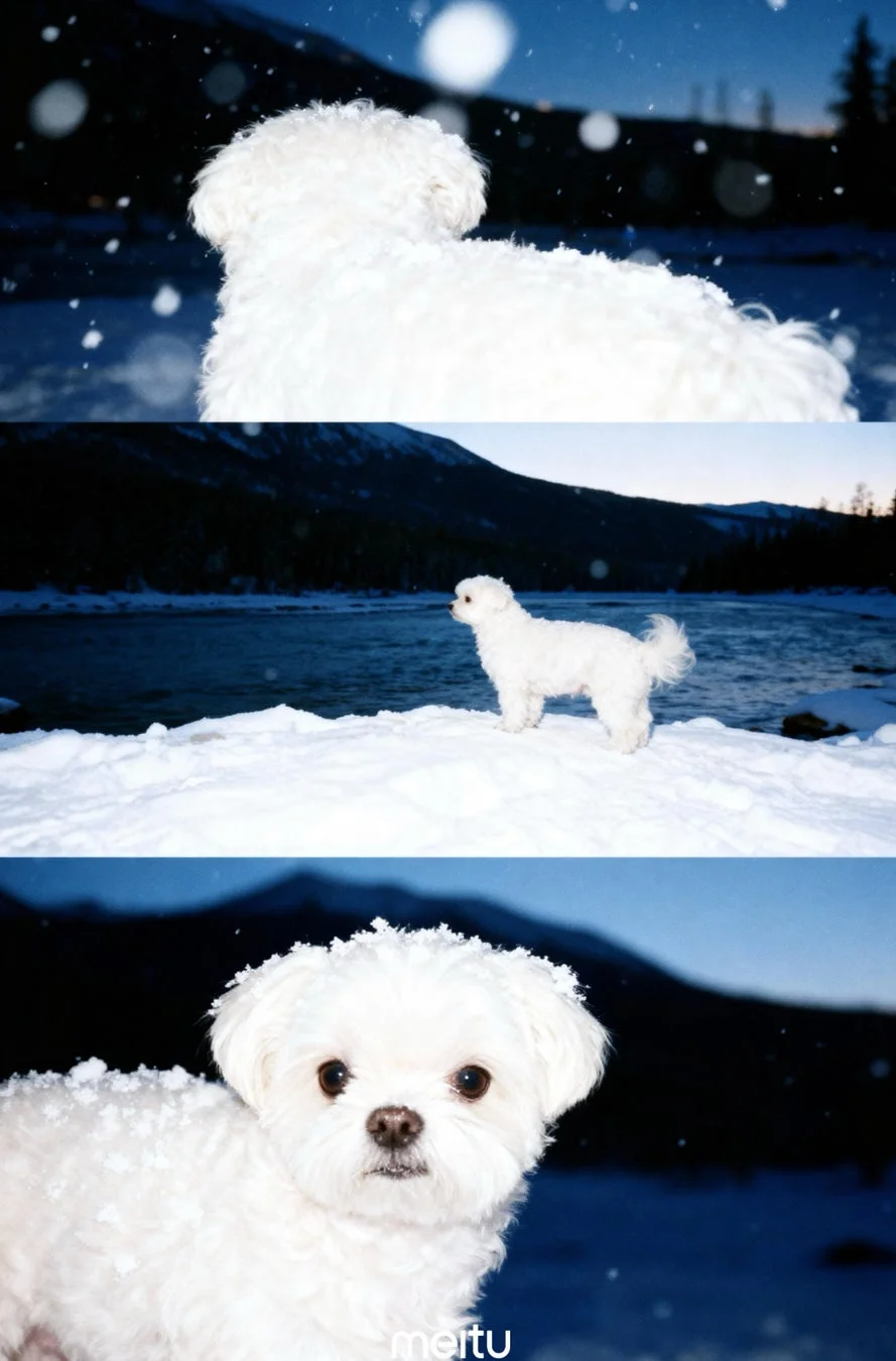 雪が降る冬の景色の中、白い小型犬が川と山を背景に佇んでいます。