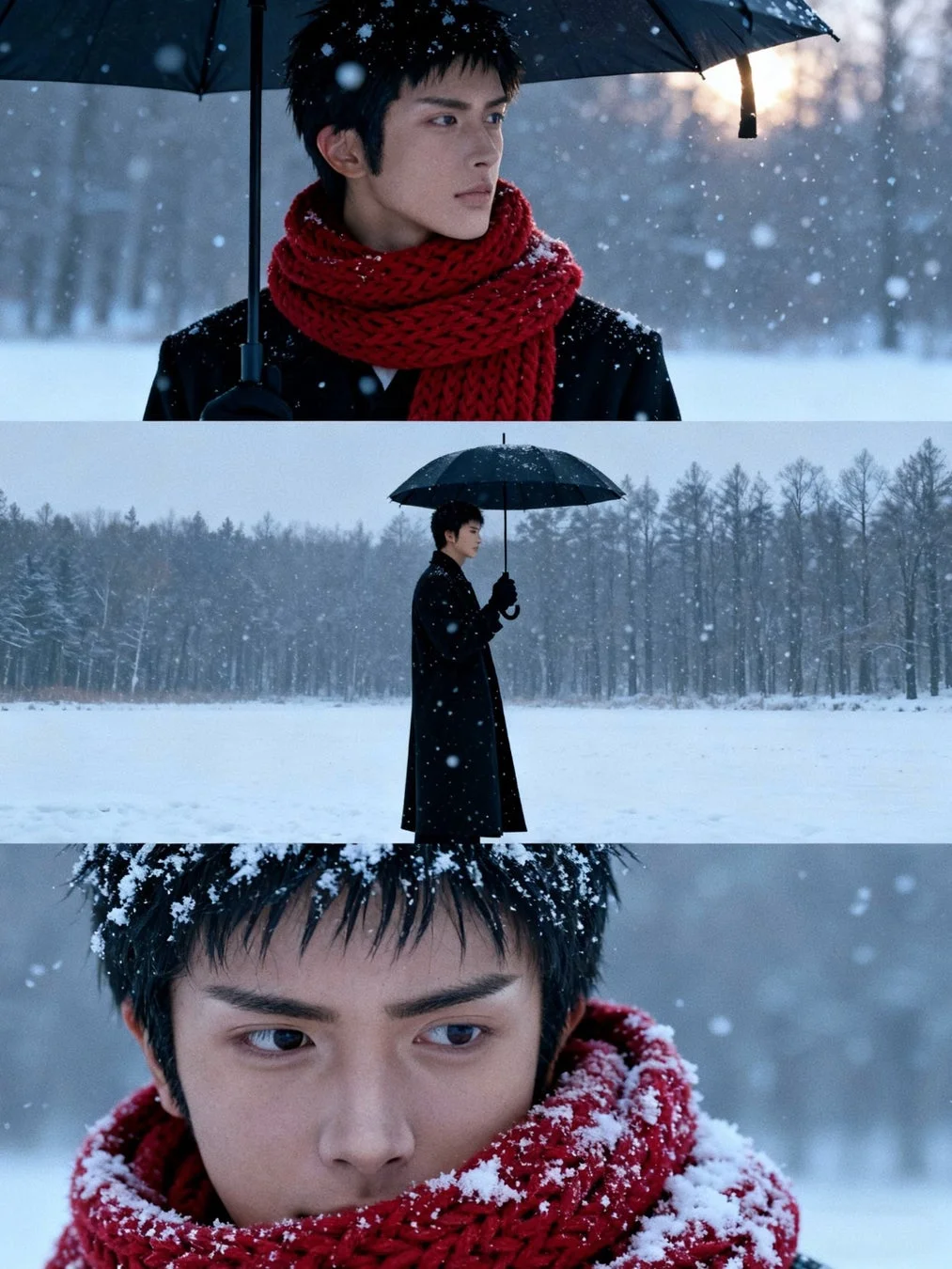 雪が降る冬の景色の中、赤いマフラーと黒いコートを着用した若い男性が傘を差し、物憂げな表情で佇んでいる。