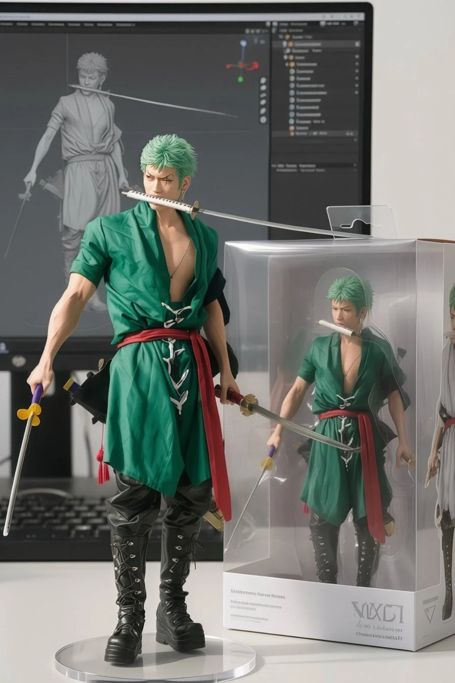 人気アニメ「ワンピース」のキャラクター、ロロノア・ゾロの精巧なフィギュアがデスクに飾られています。