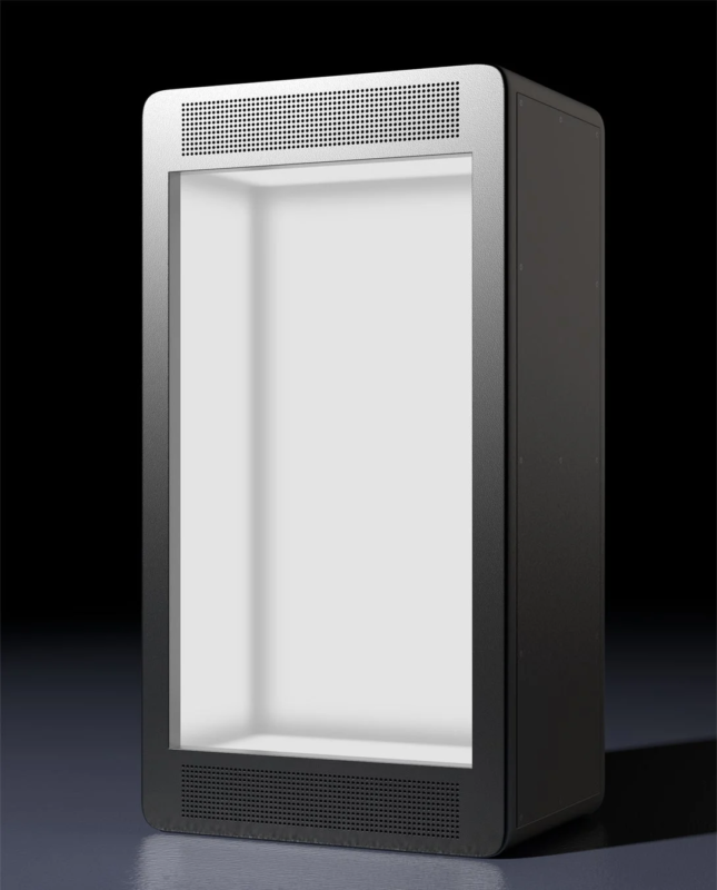 黒い筐体に白い画面がはめ込まれた、縦長のデジタルサイネージまたは情報キオスク端末の画像です。