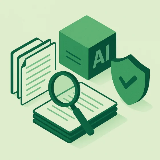 AIによる文書分析、データ検索、情報セキュリティ、プライバシー保護、コンプライアンス管理といった側面を表現したイラストです。