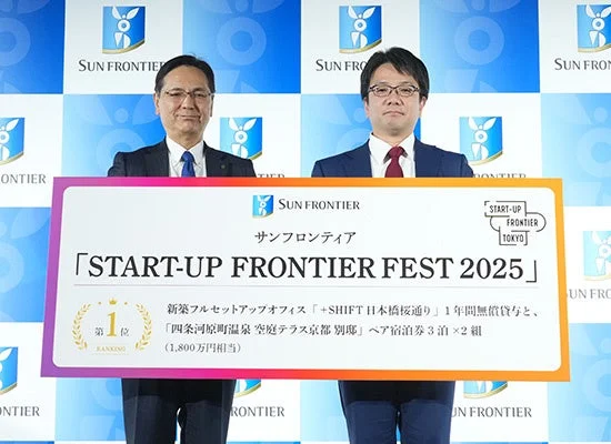 サンフロンティア主催の表彰式で1位の賞品パネルを掲げる様子