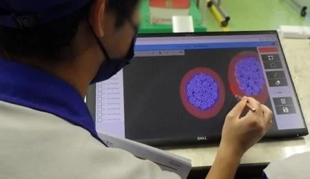 タッチスクリーンモニターで画像を操作する人物