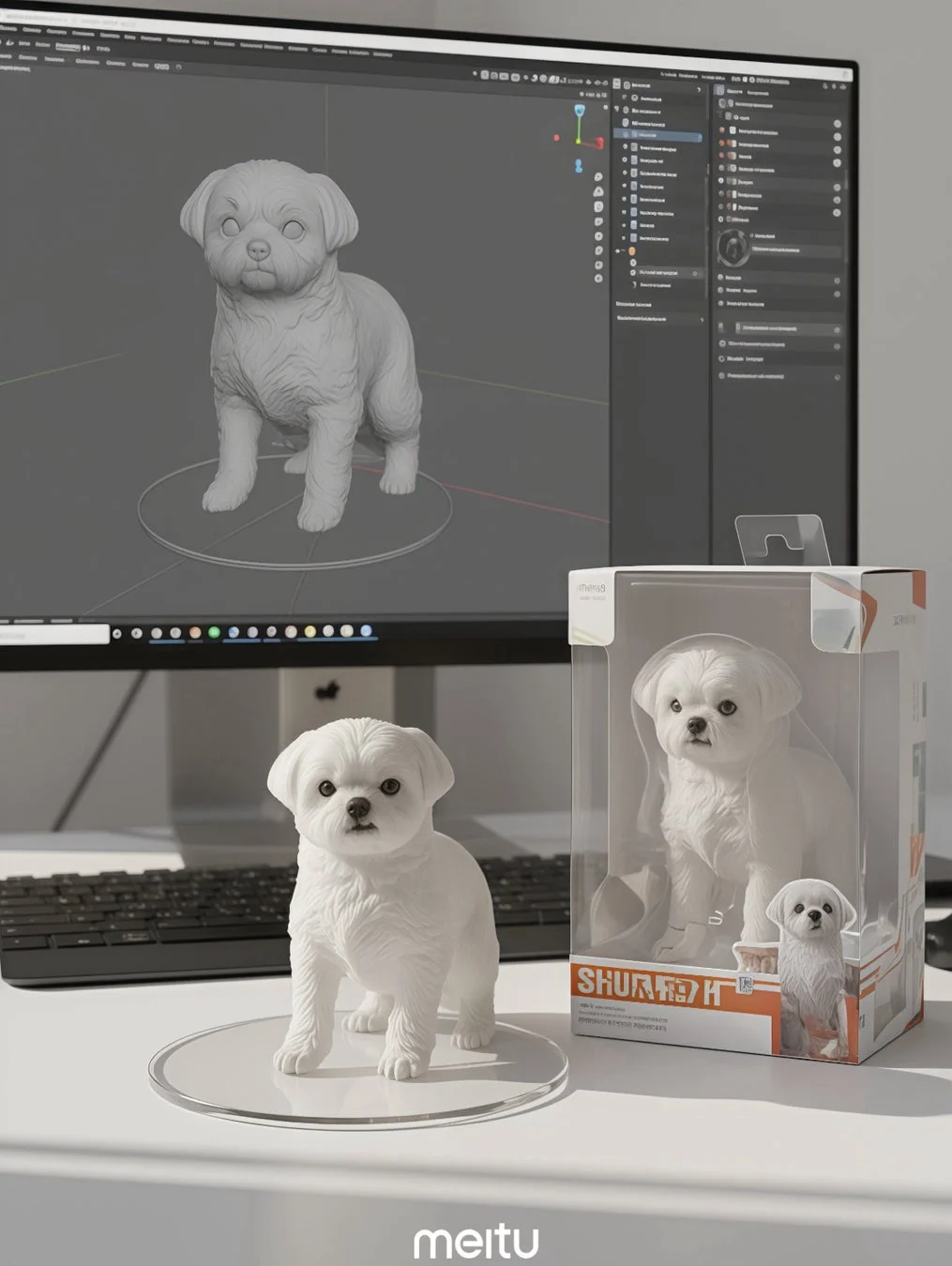 コンピューターの画面に表示された3Dモデルの子犬と、それを再現した白いフィギュア、そして製品パッケージが写っています。
