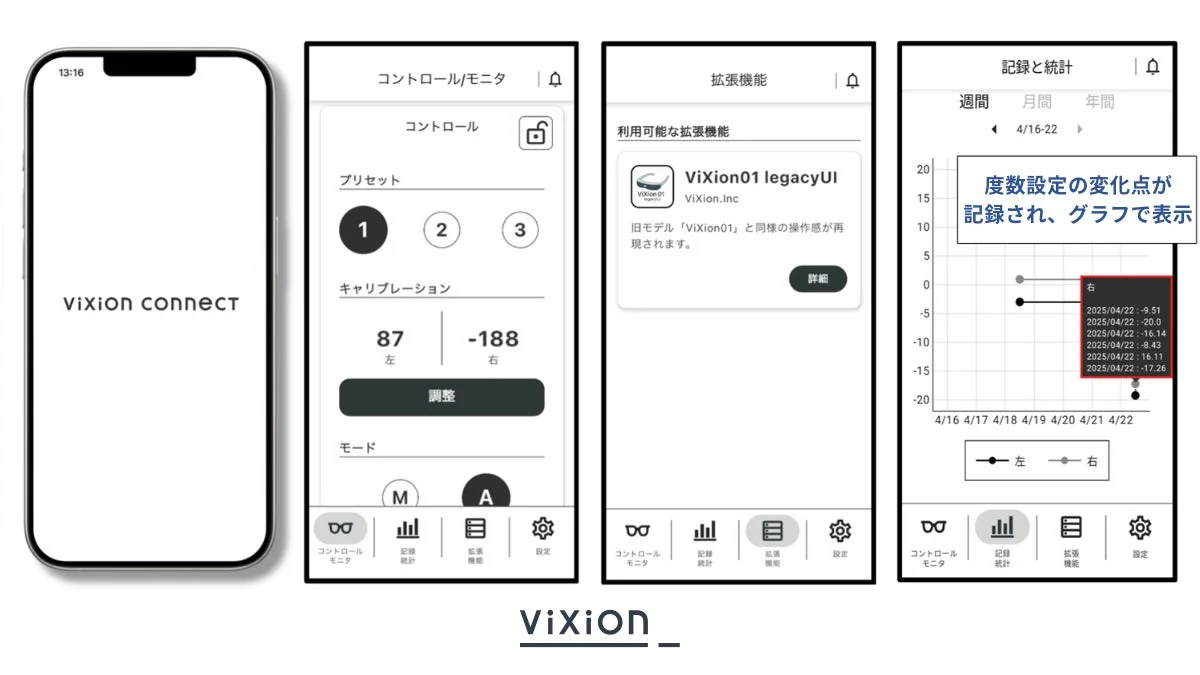 ViXion connectアプリ画面