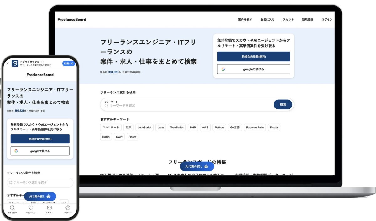 FreelanceBoardのウェブサイトとモバイルアプリの画面