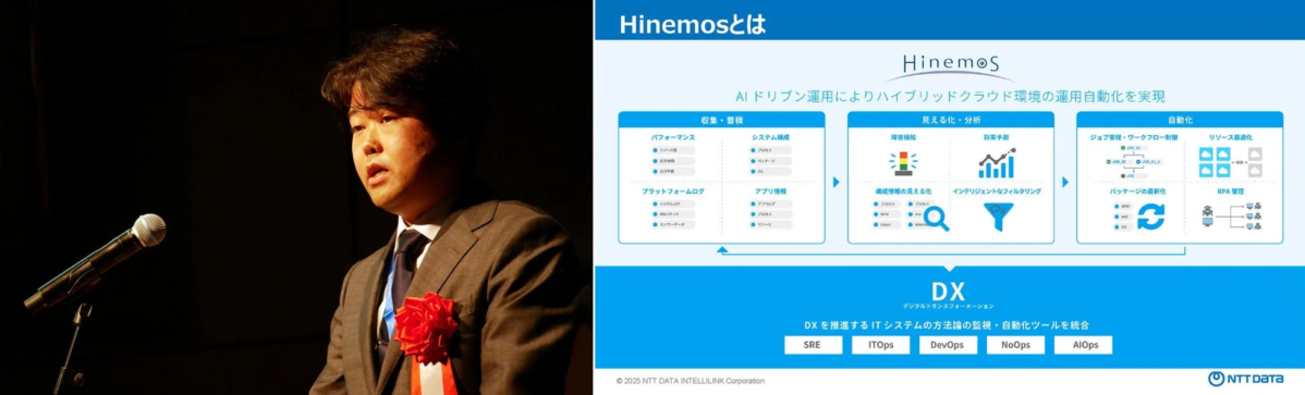 Hinemosの機能についてプレゼンテーションする内山 勇作氏