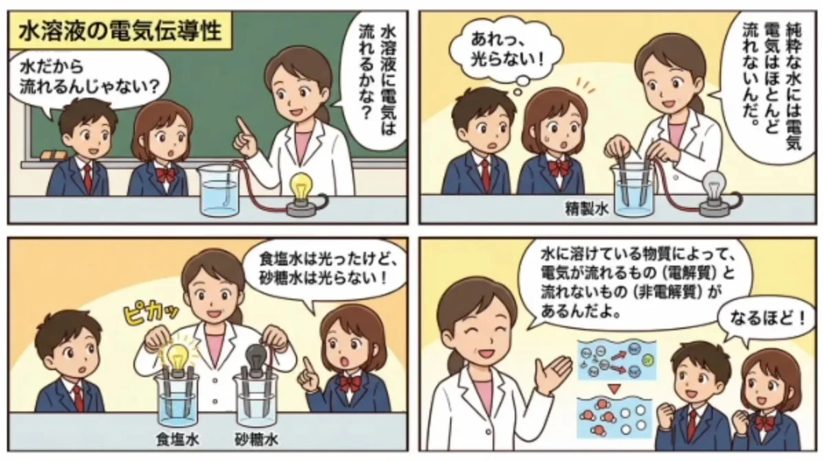 水溶液の電気伝導性に関する教材マンガの例