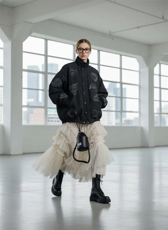 ファッション、女性、モデル、ジャケット、スカート、ブーツ、眼鏡、ミニバッグ、ストリートファッション、カジュアル、エレガント、ミックススタイル、屋内、窓、都市風景、黒、白、チュールスカート、ボンバージャケット