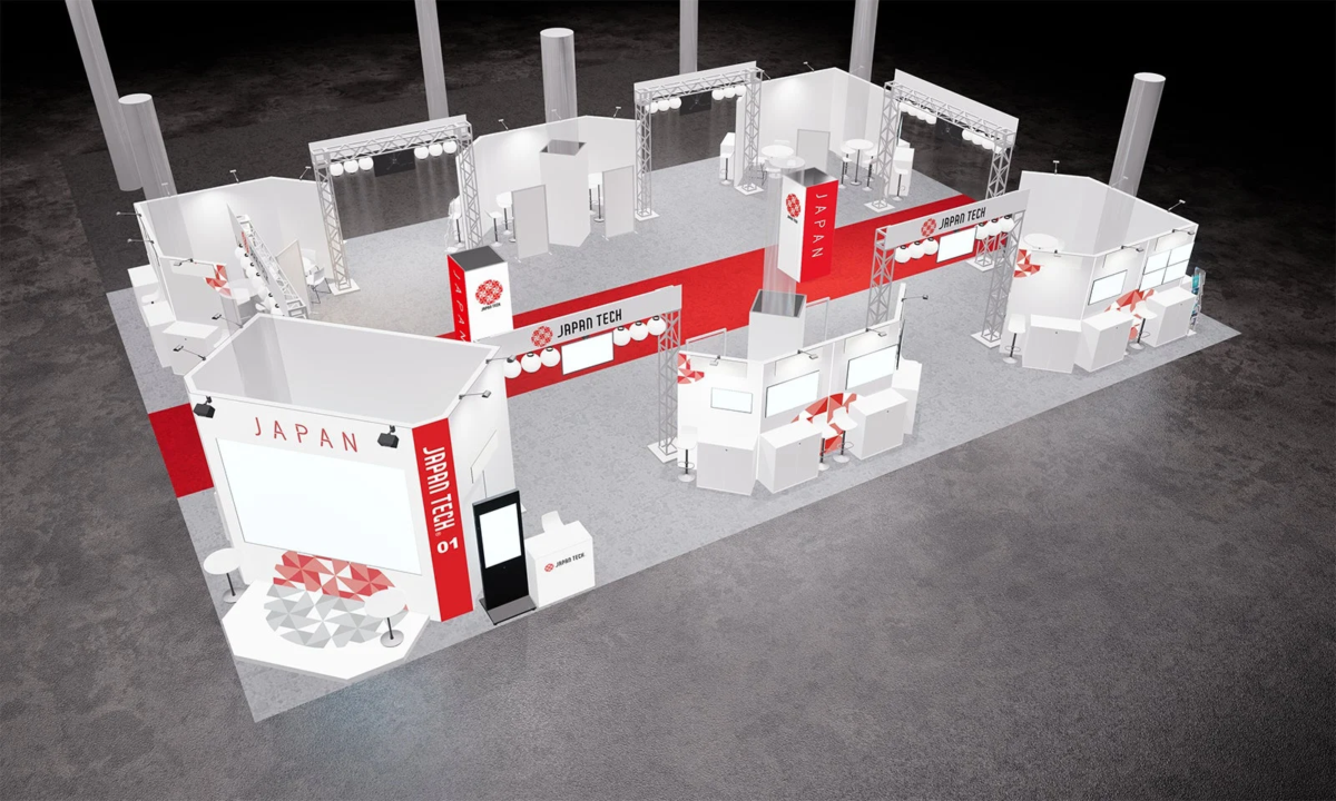 「JAPAN TECH」ブランドの展示会ブースレイアウトを俯瞰で捉えた画像です。複数の白を基調としたブースが赤のアクセントと共に配置されており、現代的で広々としたイベント空間が表現されています。