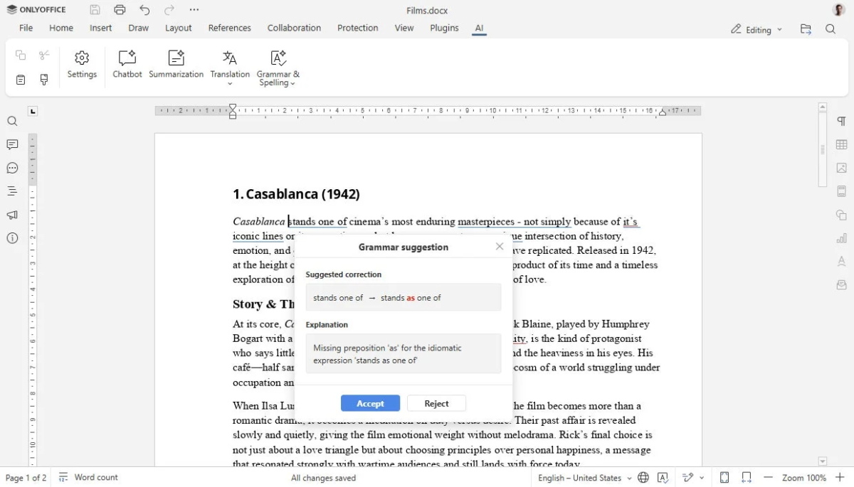 ONLYOFFICE Docs 9.2 文法チェック画面