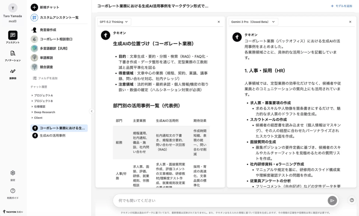 Tachyon 生成AIのモデル比較機能の画面イメージ