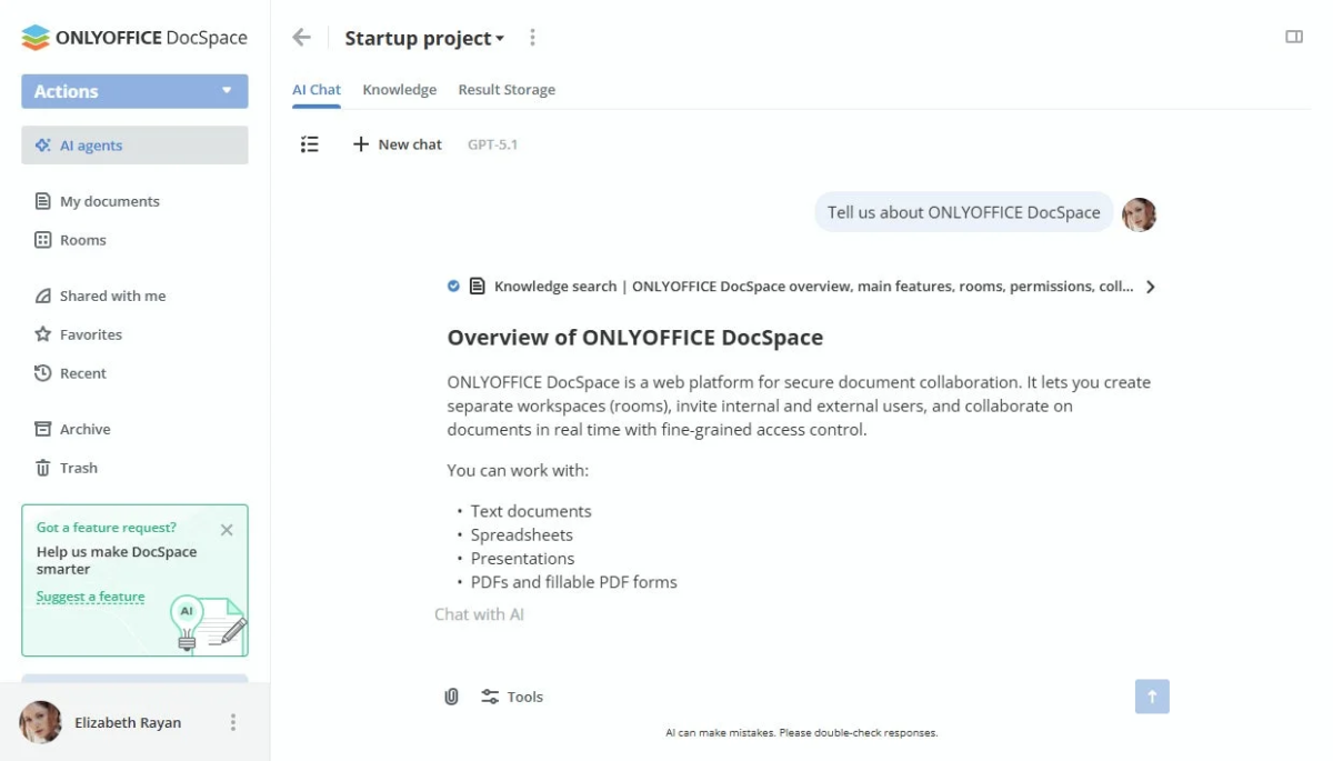 ONLYOFFICE DocSpace AIチャット画面