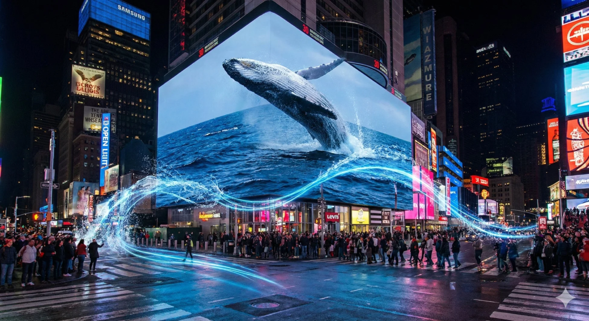 夜のタイムズスクエアの賑やかな交差点で、巨大なデジタルサイネージに海から飛び跳ねるクジラが映し出されています。