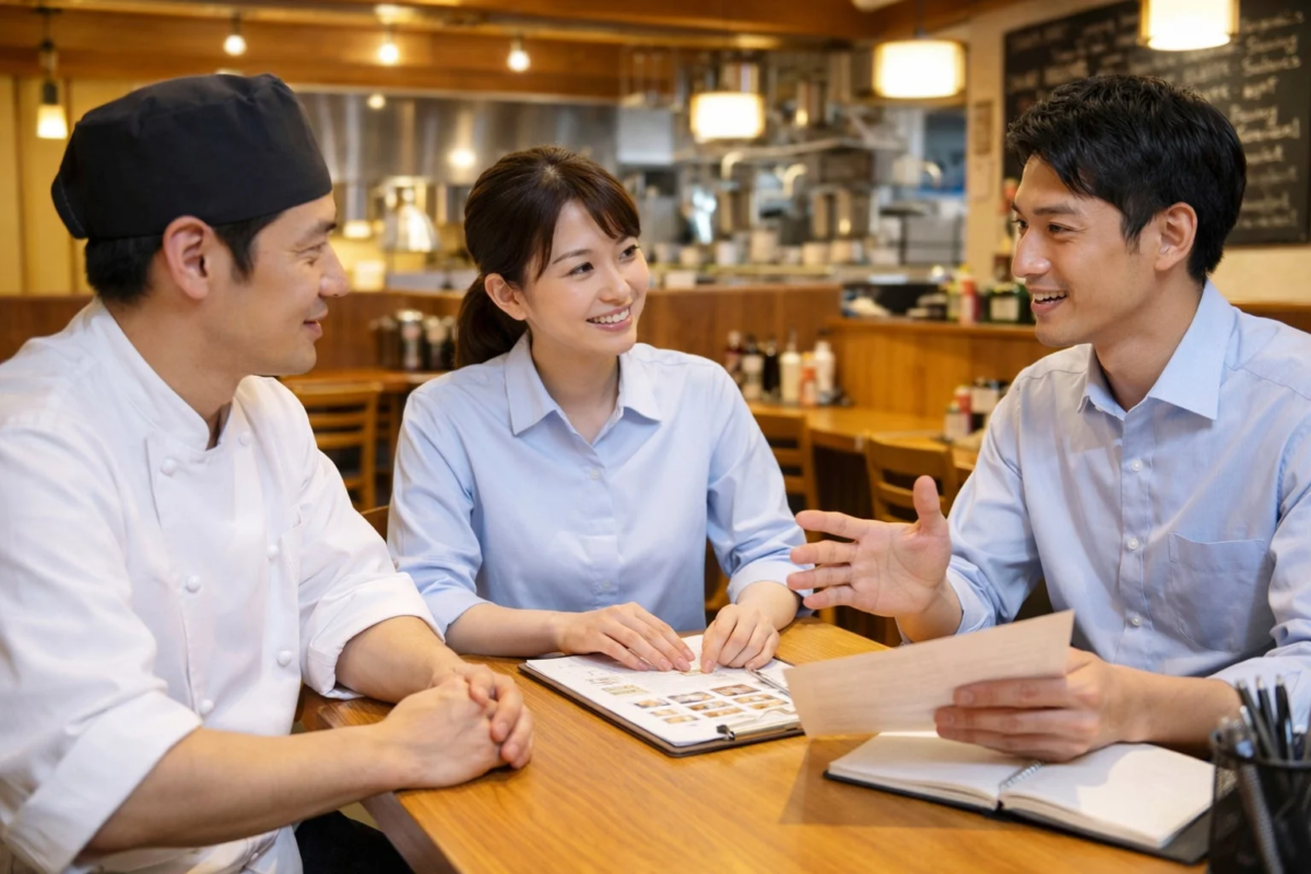 飲食店での打ち合わせ風景