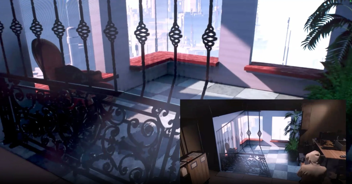 豪華な装飾の手すり越しに、大きな窓から市街地が見えるモダンな室内風景。