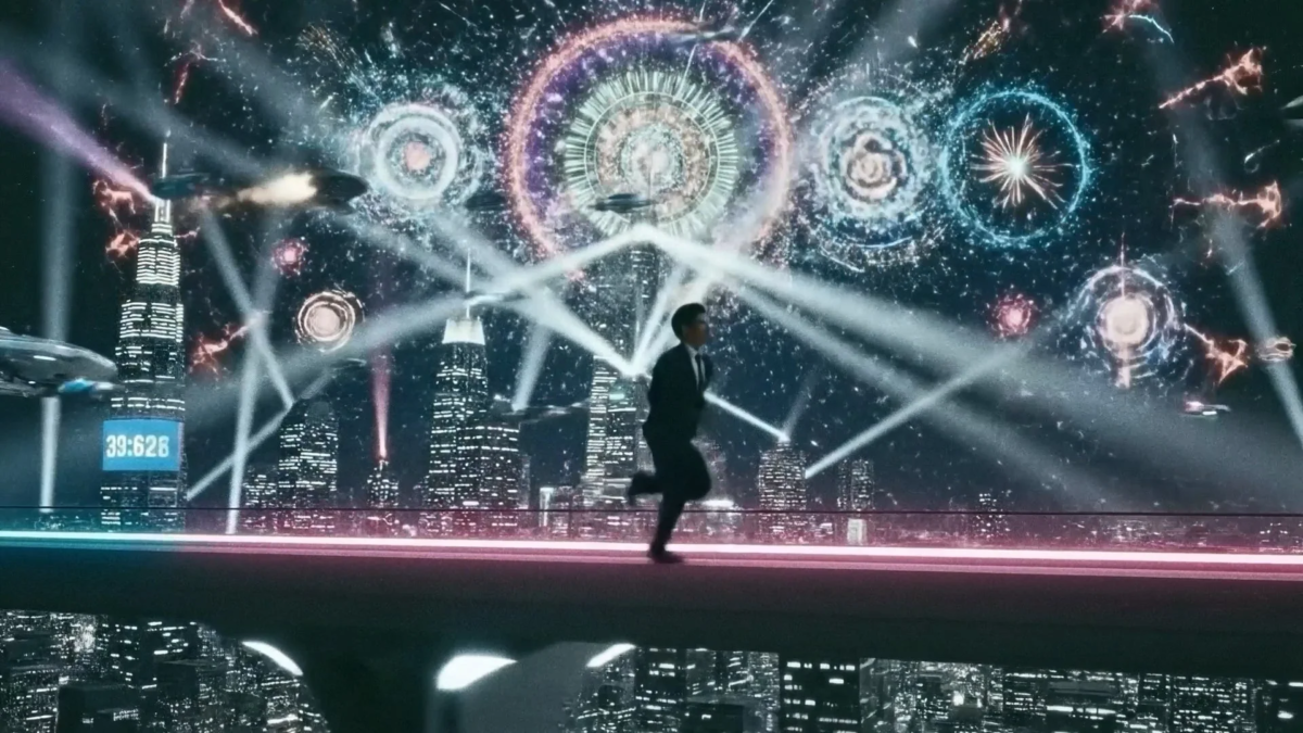 未来的な都市の夜景を背景に、スーツ姿の男性が光り輝く通路を走っています