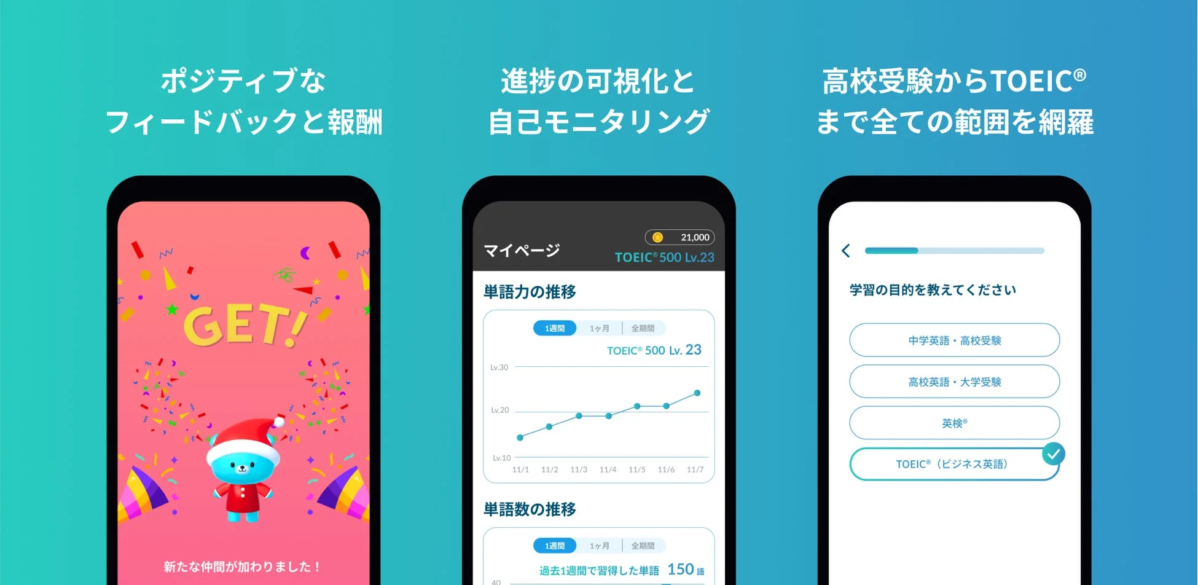 モチタンの報酬システムと学習進捗画面