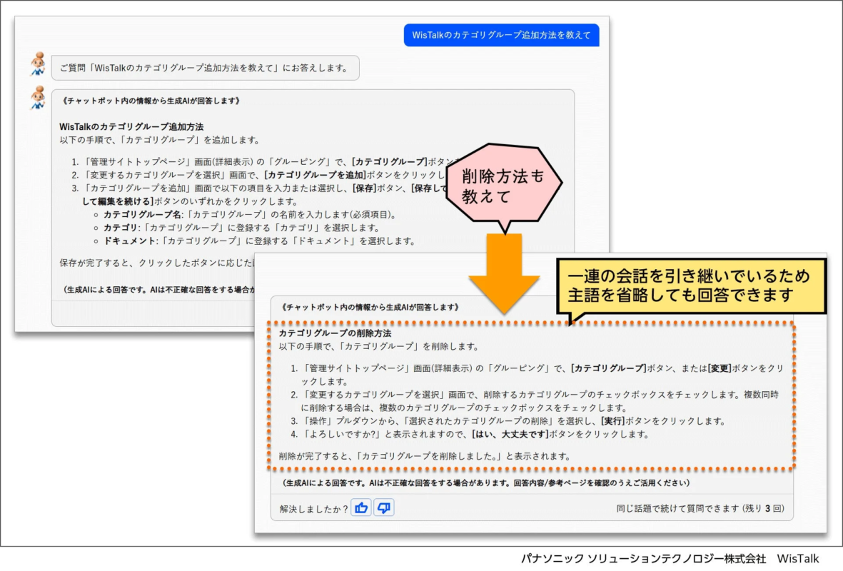 WisTalkのカテゴリグループ追加・削除方法を示す画面