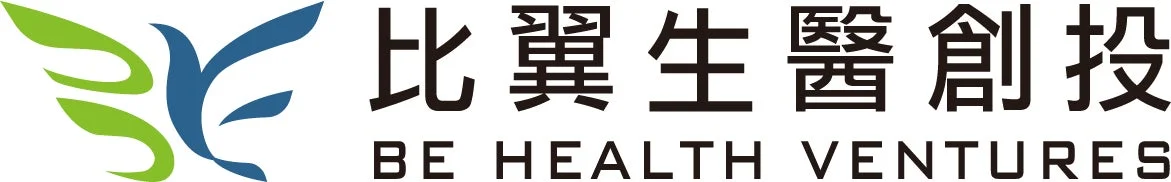 「BE HEALTH VENTURES」という社名と、緑と青の翼のような抽象的なデザインのロゴが描かれた画像