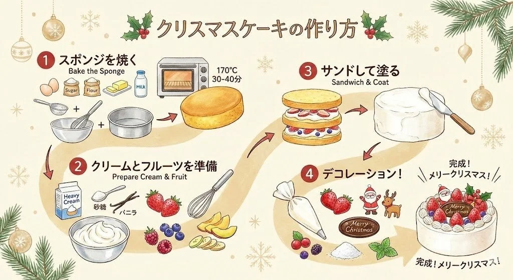クリスマスケーキの作り方 ① スポンジを焼く Bake the Sponge Sugar Flour Milk 170°C 30-40分 ② クリームとフルーツを準備 Prepare Cream & Fruit Heavy Cream 砂糖 バニラ ③ サンドして塗る Sandwich & Coat ④ デコレーション! 完成! メリークリスマス! Merry Christmas 完成! メリークリスマス!