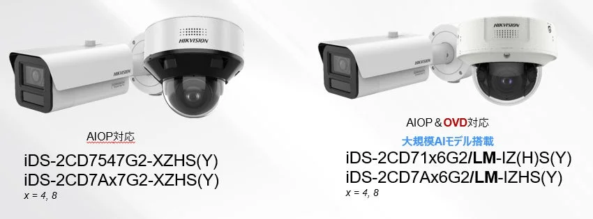 HIKVISION製AIOP対応およびAIOP & OVD対応のセキュリティカメラが2種類紹介されています。バレット型とドーム型のカメラがそれぞれ特徴とともに表示されており、製品名やAIモデル搭載に関する情報が記載されています。