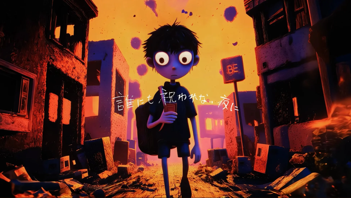 荒廃した街を青い肌と大きな目の少年が歩く不気味なイラスト