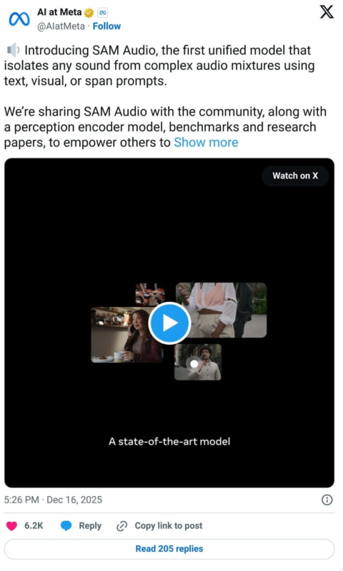 AI at Metaが発表した「SAM Audio」は、テキストや画像などのプロンプトを使って複雑な音源から特定の音を分離できる、最先端の統合モデルです。