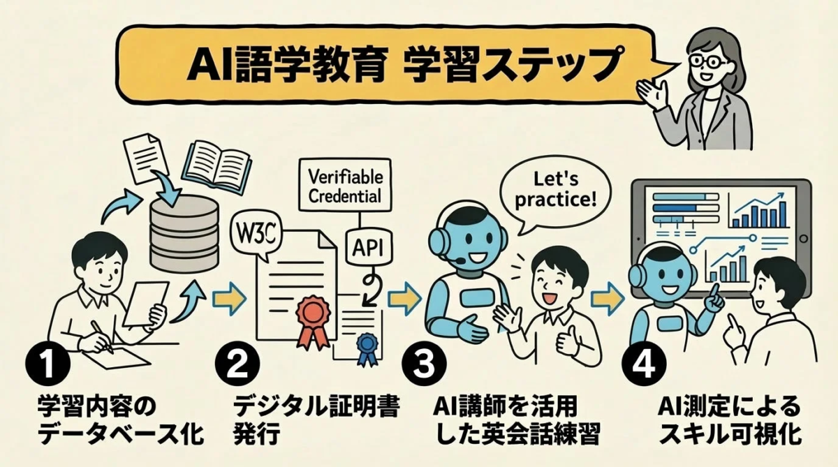 AI語学教育の学習ステップを図解したイラスト