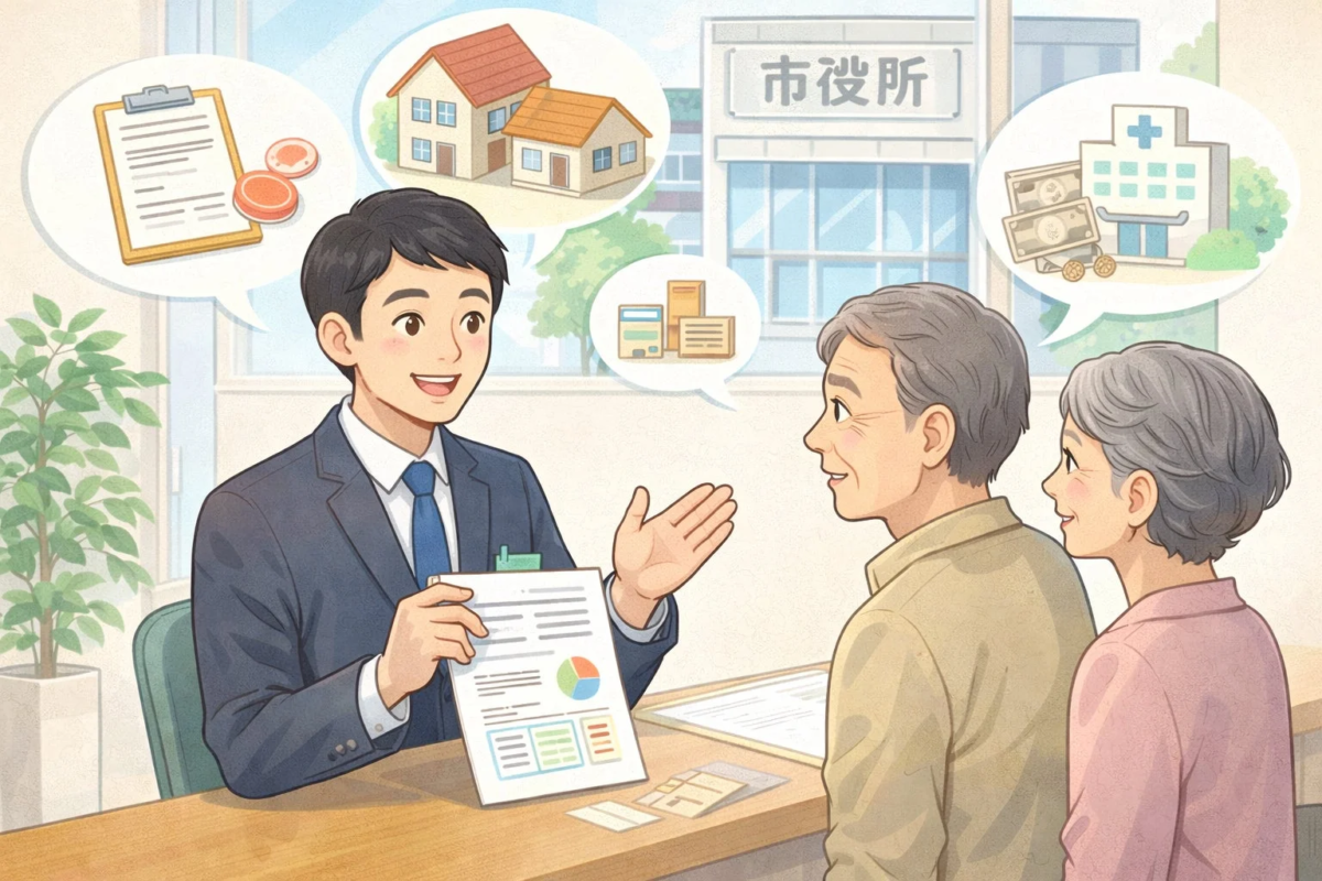 市役所の窓口で相談する住民と職員のイラスト