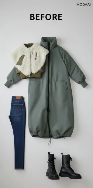 ダウンコート、アウター、デニム、ジーンズ、ブーツ、ファッション、コーディネート、冬服、カジュアル、モード、防寒着、ボアベスト、スキニーデニム、ミリタリーブーツ、フラットレイ