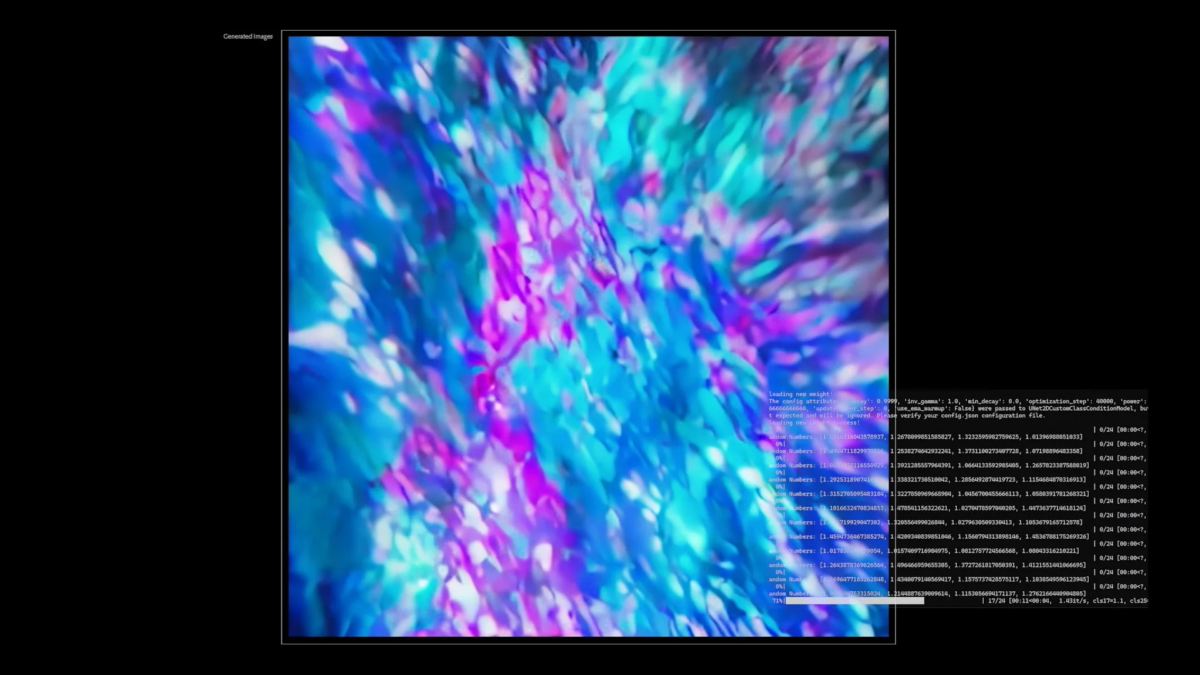 青、紫、ピンクが鮮やかに混じり合った抽象的なパターン