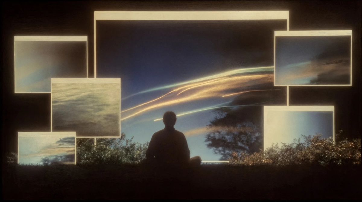 瞑想する人物のシルエットが、光の軌跡が流れる夜空を背景に描かれ、周囲には水面や空の風景が複数の窓枠に映し出されている。