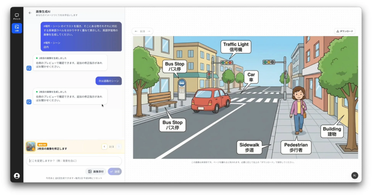 英語学習用のラベル付きイラストの例