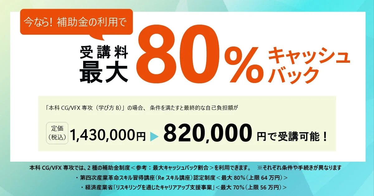 CG/VFX専攻の受講料が、補助金を利用することで最大80%のキャッシュバックを受けられることを示す広告