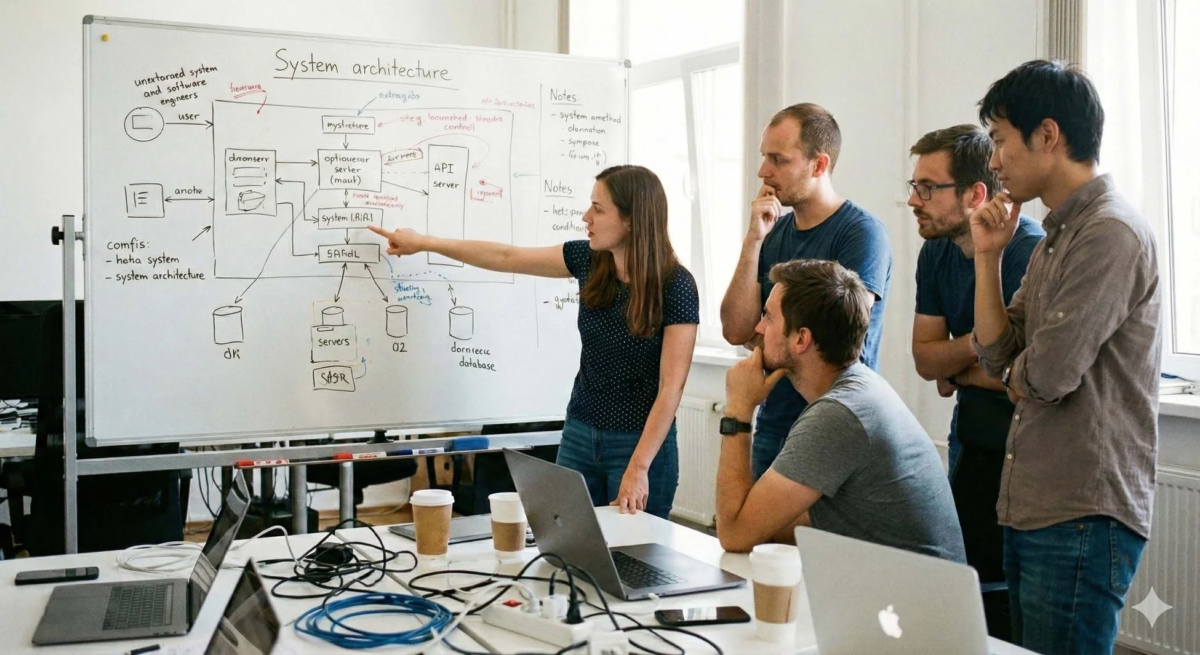 ホワイトボードの会議風景