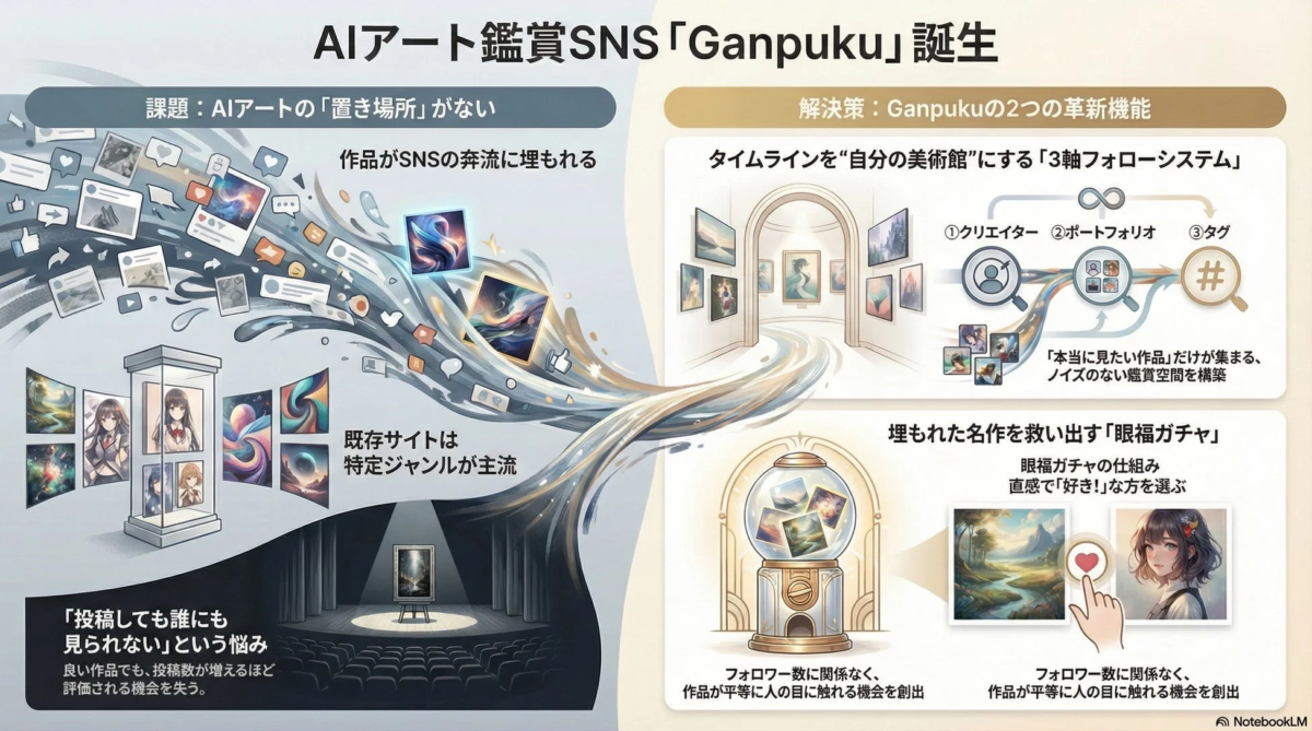 AIアート鑑賞SNS「Ganpuku」の概念図
