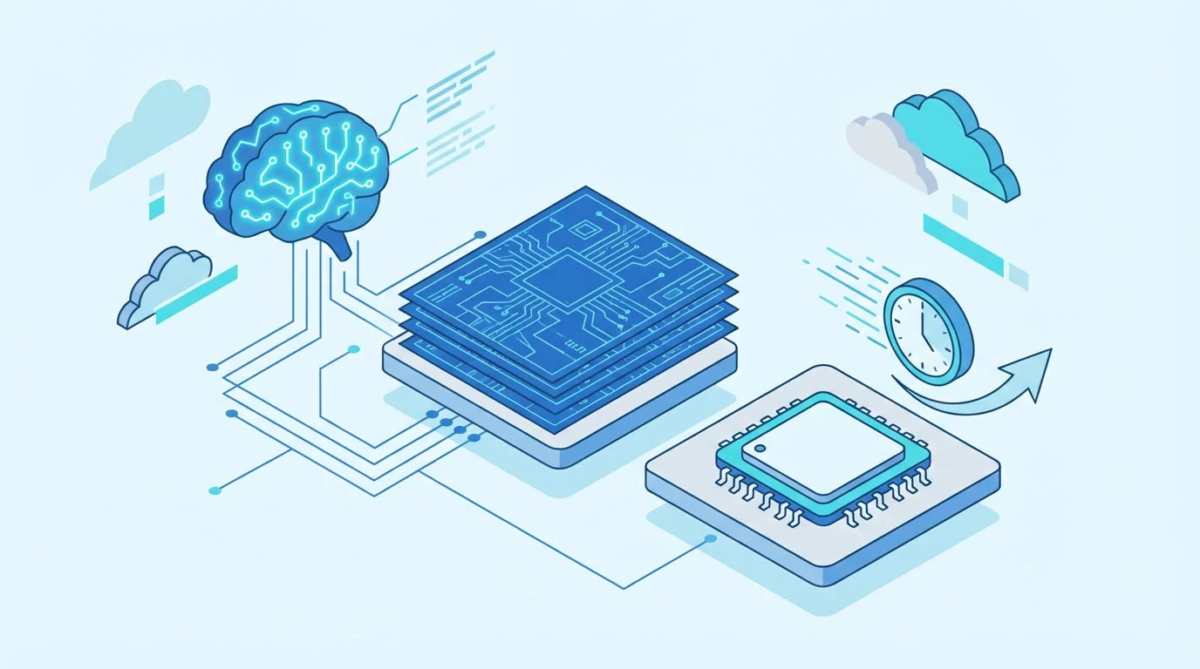 人工知能（AI）とデータ処理、クラウドコンピューティングの概念を表現したイラスト